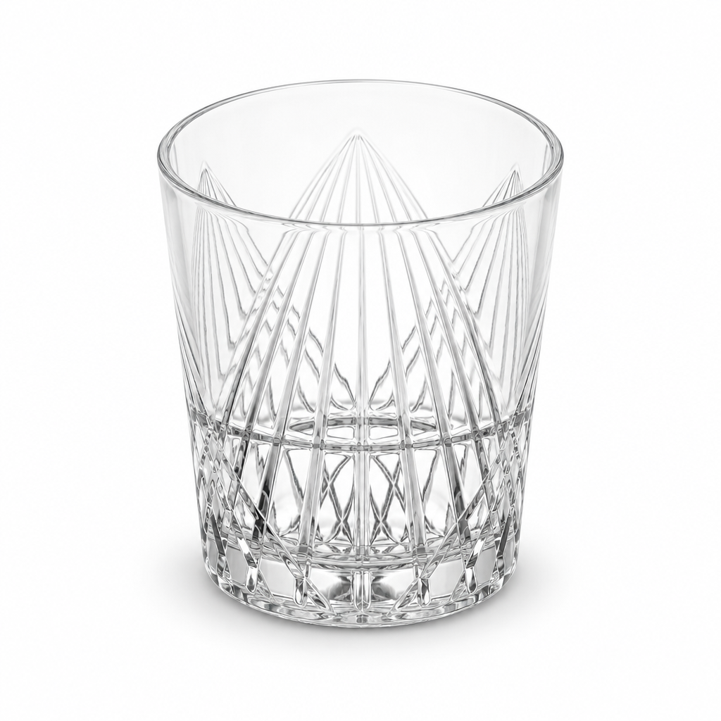 Clear tumbler with a geometric line pattern and round base