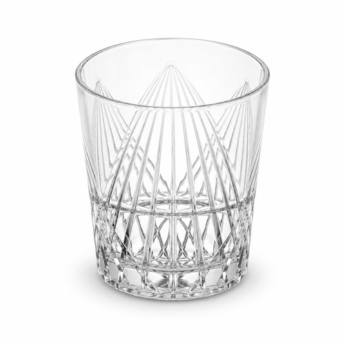 Clear tumbler with a geometric line pattern and round base