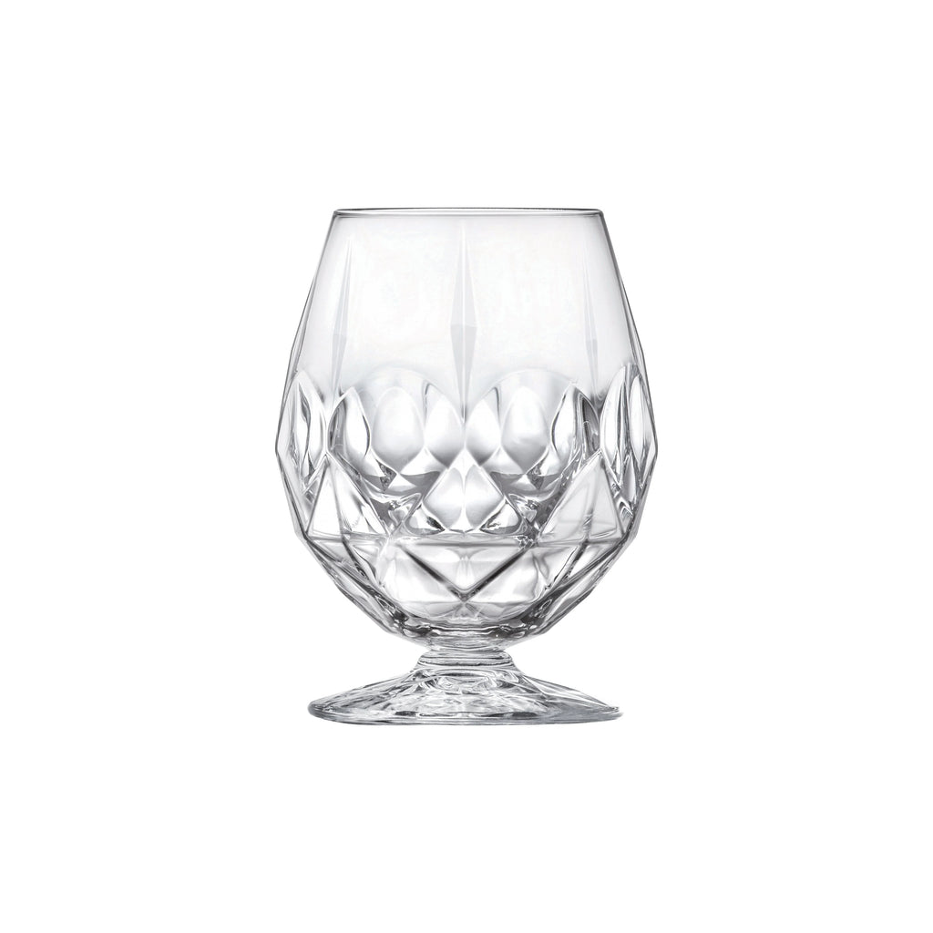 Clear footed goblet with a faceted bowl, short stem and round base
