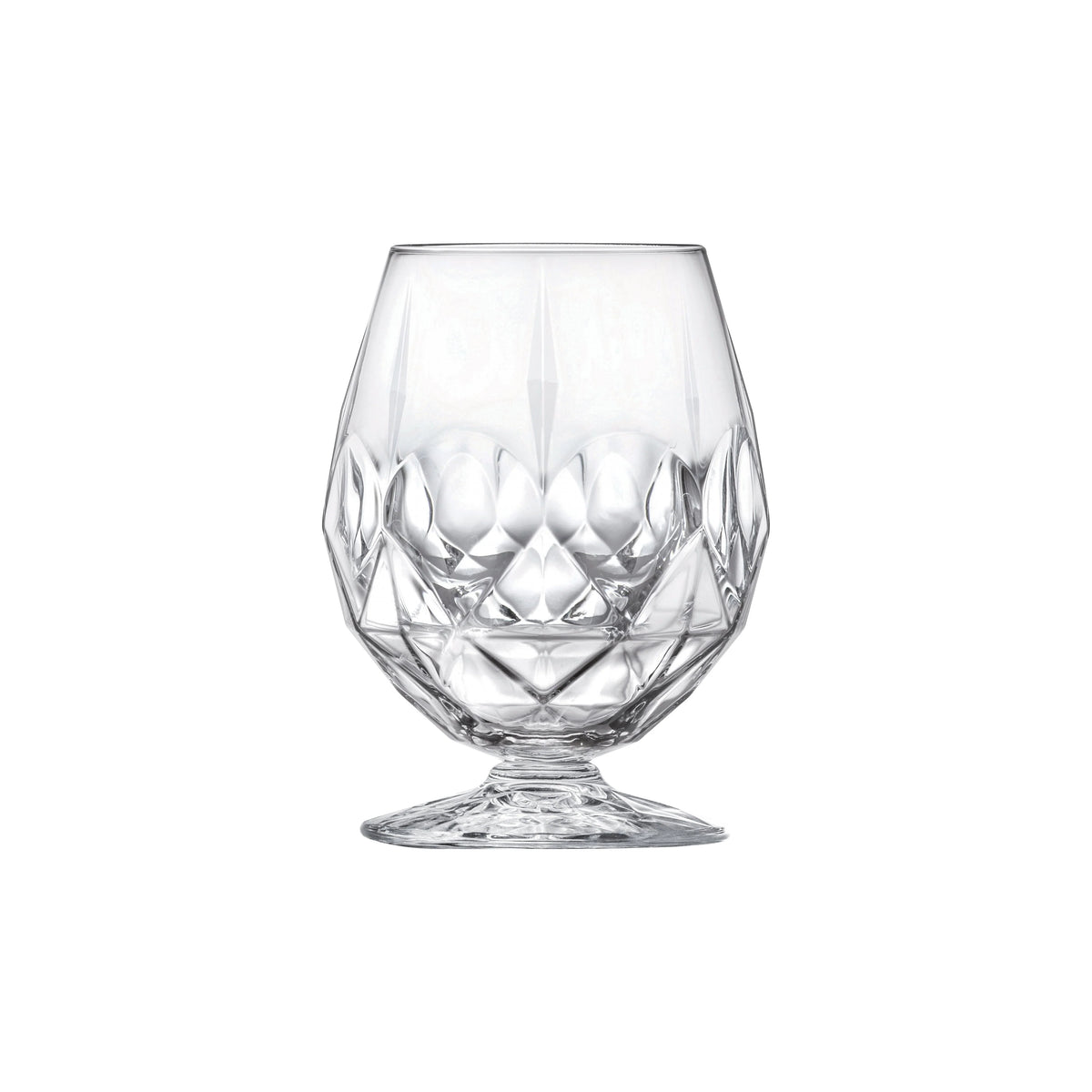 Clear footed goblet with a faceted bowl, short stem and round base