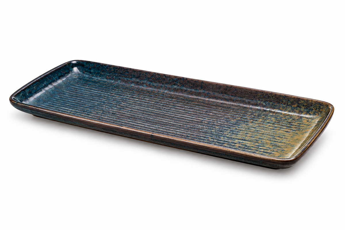 Rectangular platter with a blue-green textured surface and dark rim, viewed at an angle