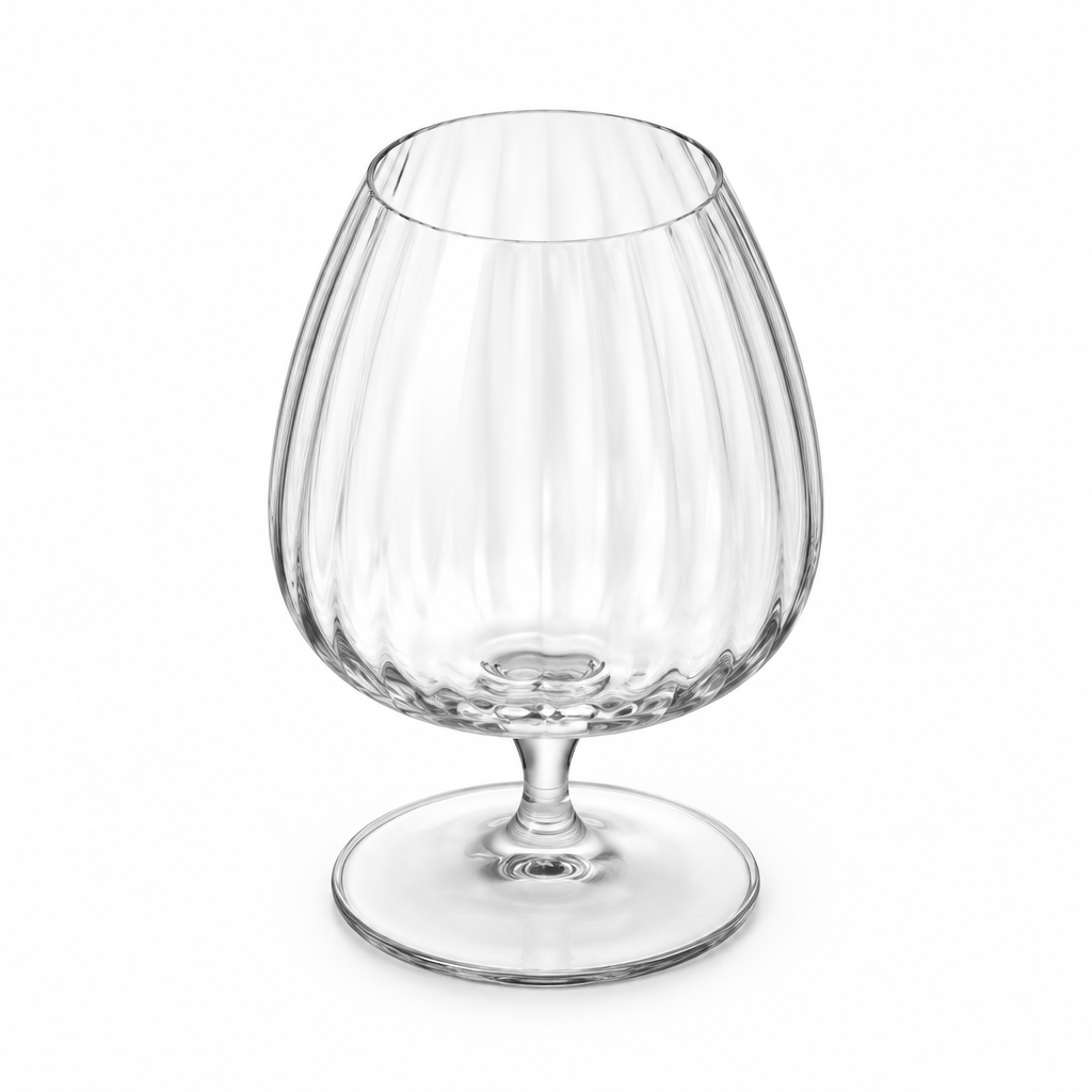 Clear snifter glass with a rounded bowl, short stem and circular base