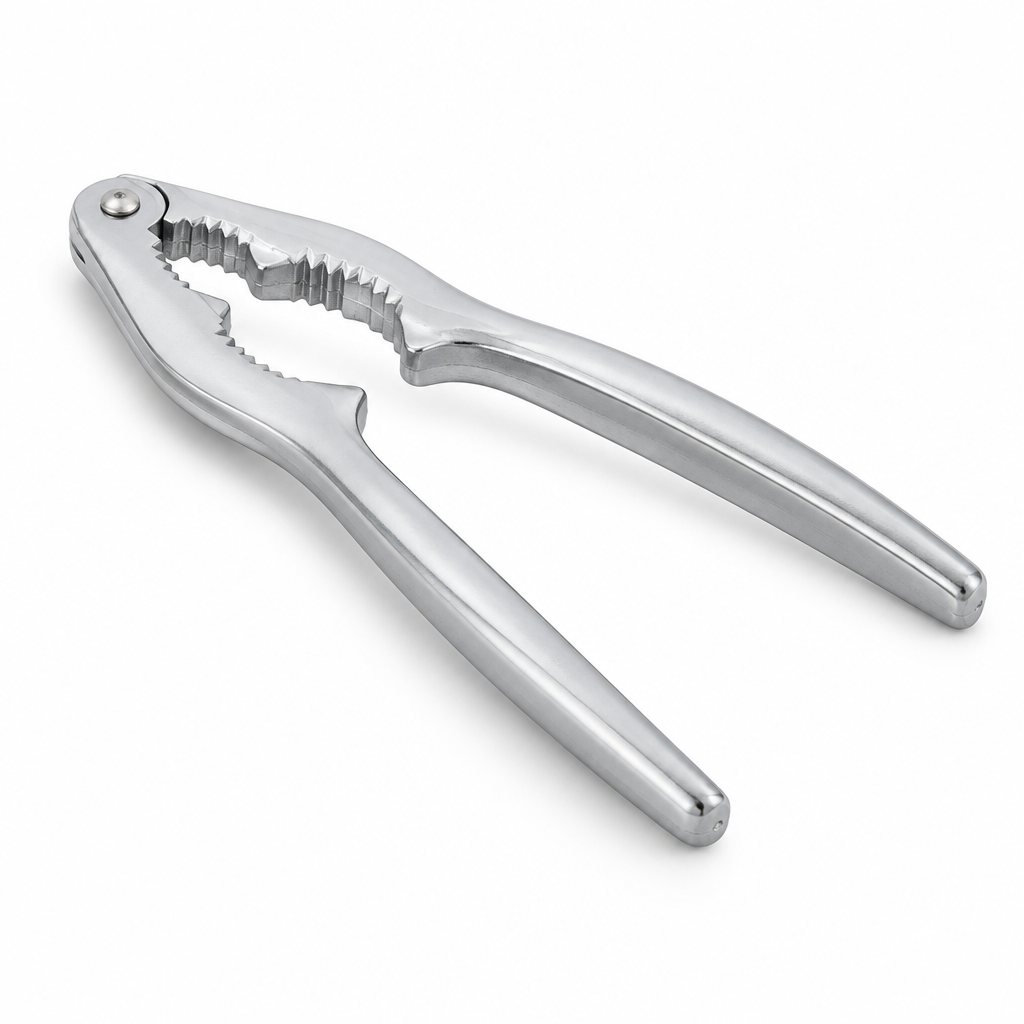 Silver-colored seafood cracker with serrated jaws and open handles