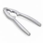Silver-colored seafood cracker with serrated jaws and open handles
