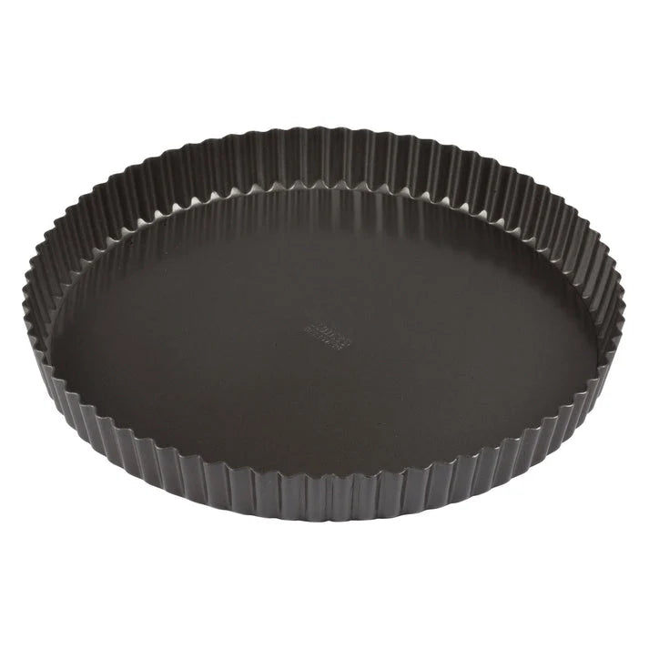 Round 12 inch carbon steel quiche pan with fluted sides and removable bottom