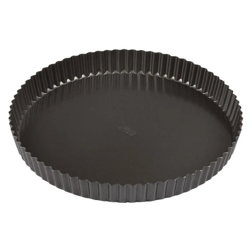 Round 12 inch carbon steel quiche pan with fluted sides and removable bottom