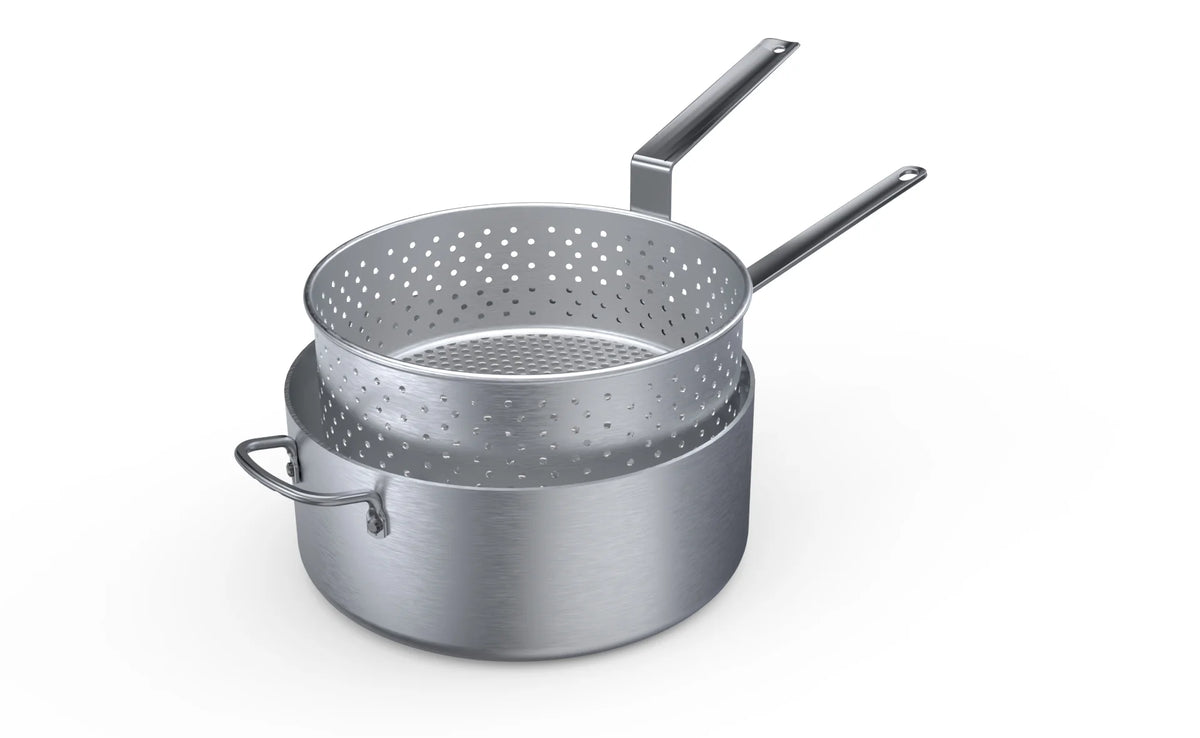 12-quart aluminum fryer with perforated basket and plated handle