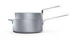 Side view of a silver-colored fryer pan with a perforated basket inside and long handles