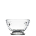 Clear glass mini bowl with a decorative motif holding 9 oz