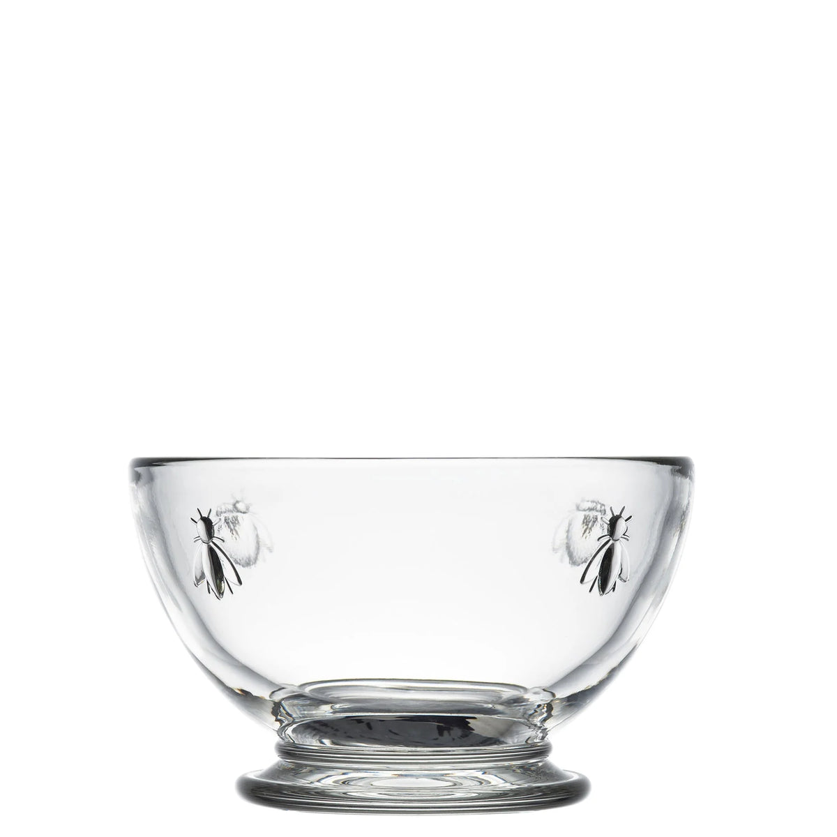 Clear glass mini bowl with a decorative motif holding 9 oz