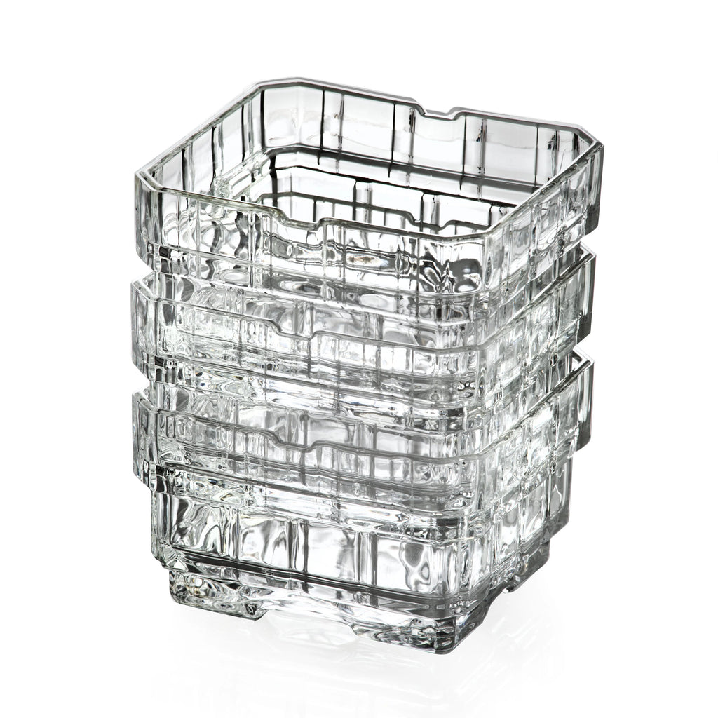 Stacked clear square shallow dishes with patterned sides and notched rims