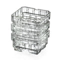 Stacked clear square shallow dishes with patterned sides and notched rims