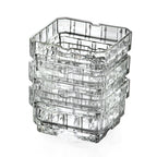 Stacked clear square shallow dishes with patterned sides and notched rims