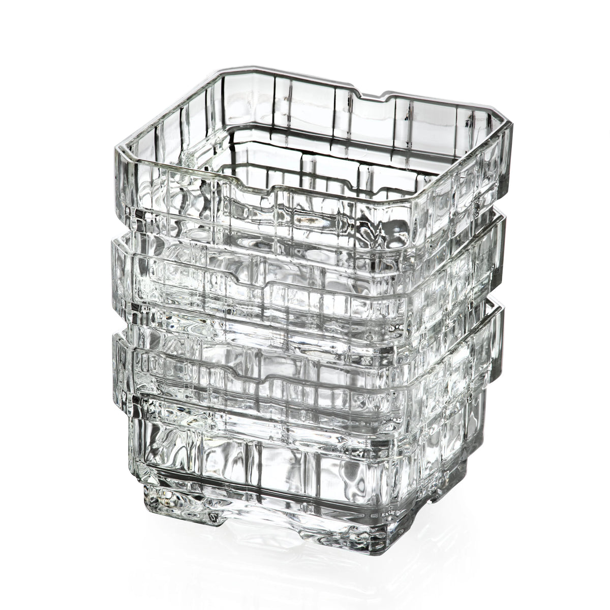 Stacked clear square shallow dishes with patterned sides and notched rims