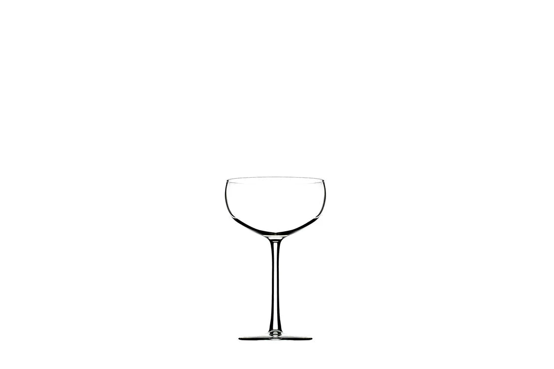 Clear glass coupe with a rounded bowl holding 8 oz