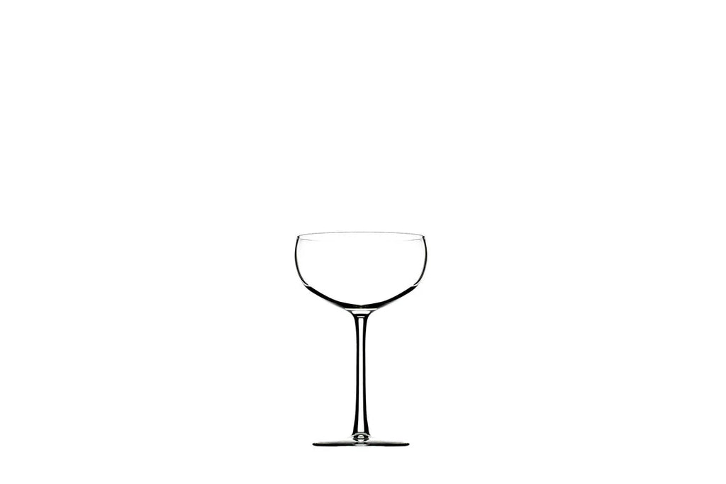 Clear glass coupe with a rounded bowl holding 8 oz