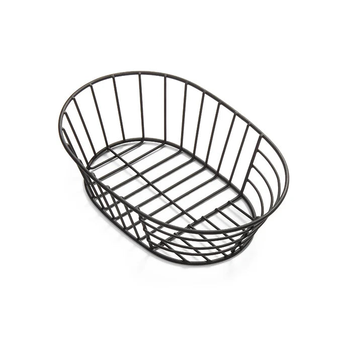 Black oval wire basket with an open grid base and raised sides