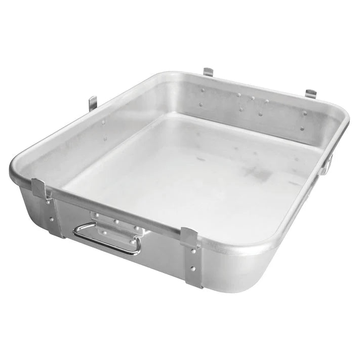 Rectangular aluminum roasting pan with straps and lugs, 24 by 18 inches