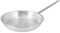 Silver-colored round fry pan with sloping sides and a long riveted handle