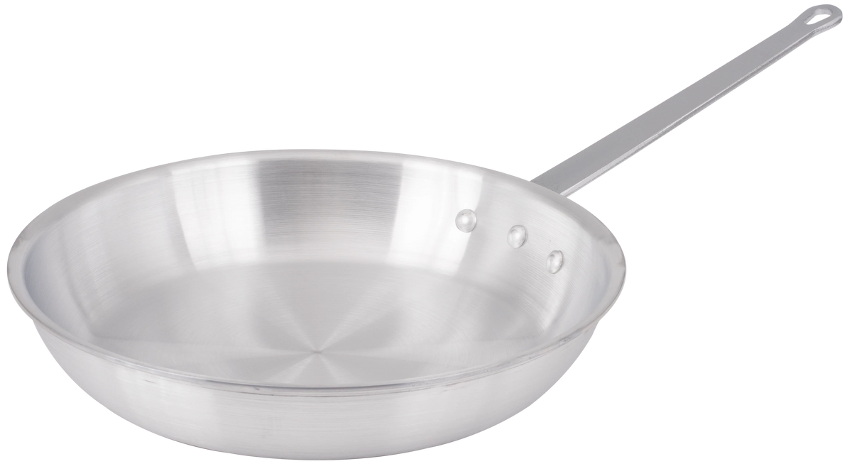 Silver-colored round fry pan with sloping sides and a long riveted handle