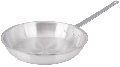 Silver-colored round fry pan with sloping sides and a long riveted handle