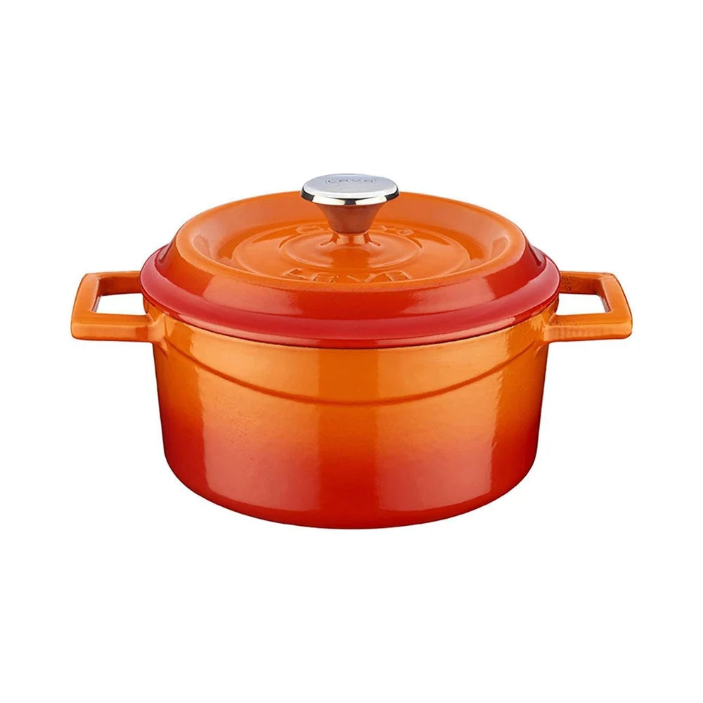 Round orange cast iron Dutch oven, 18 oz, with fitted lid