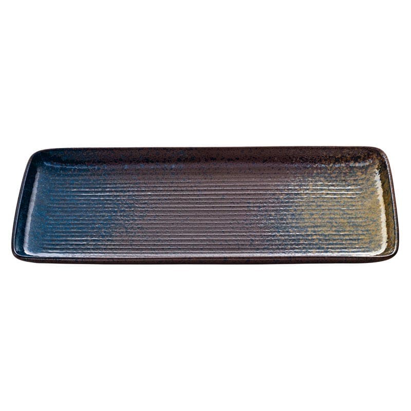 Sea coloured stoneware deep rectangular platter, 14-1/4 by 6-1/4 inches